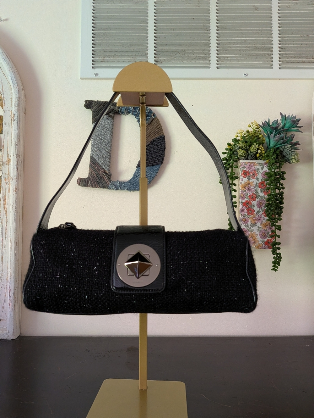 Kate Spade Vintage Look Black Wool Bouclé Sparkle Baguette Bag with Turnlock - Picture 2 of 12